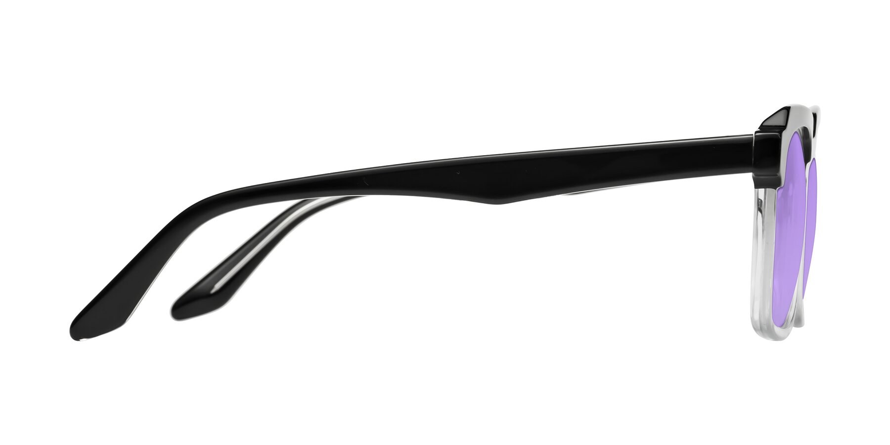 Side of Zell in Black-Clear with Medium Purple Tinted Lenses