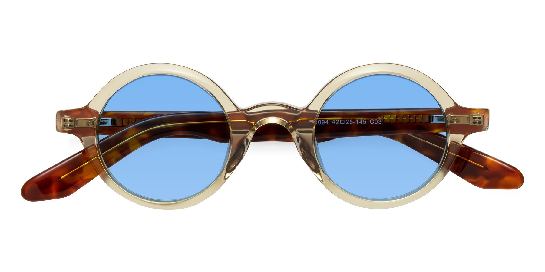 Folded Front of School in Champagne-Tortoise with Medium Blue Tinted Lenses