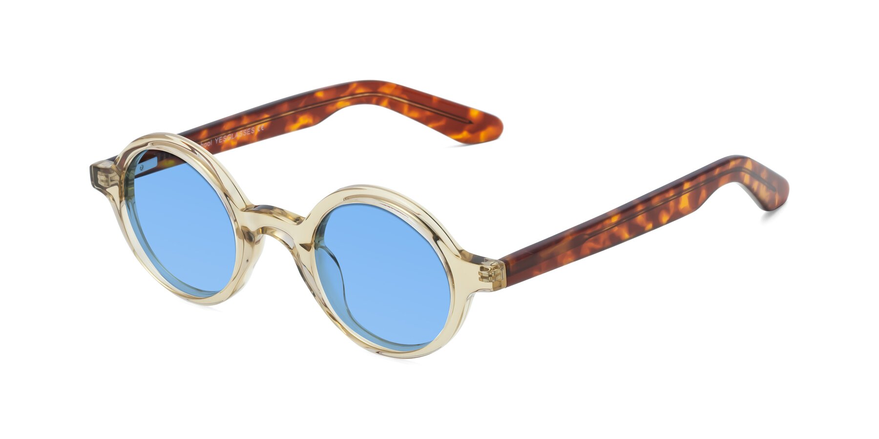 Angle of School in Champagne-Tortoise with Medium Blue Tinted Lenses