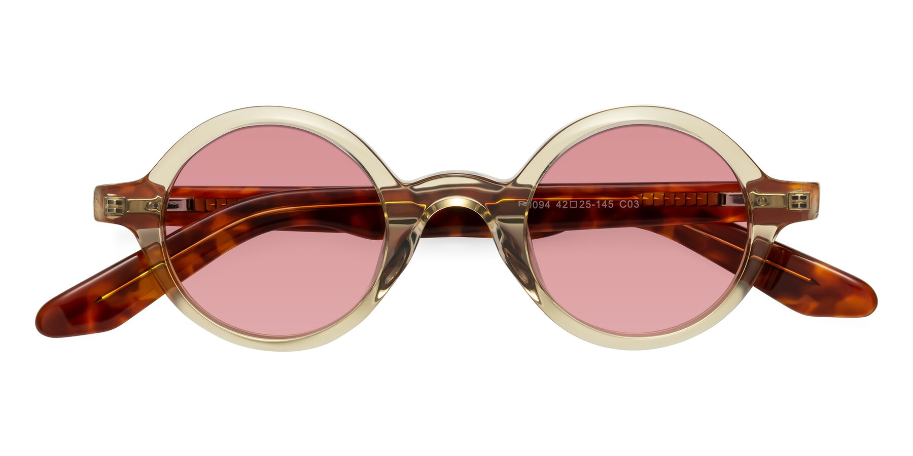 Folded Front of School in Champagne-Tortoise with Medium Garnet Tinted Lenses