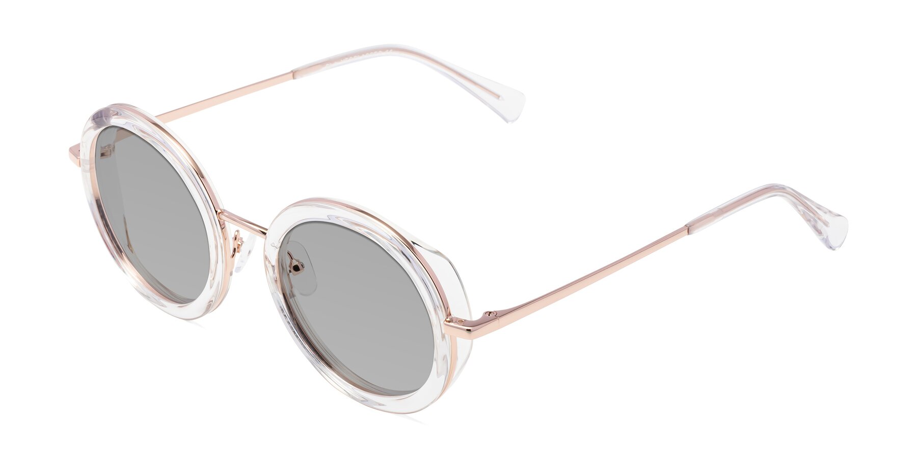 Angle of Club in Clear-Rose Gold with Light Gray Tinted Lenses