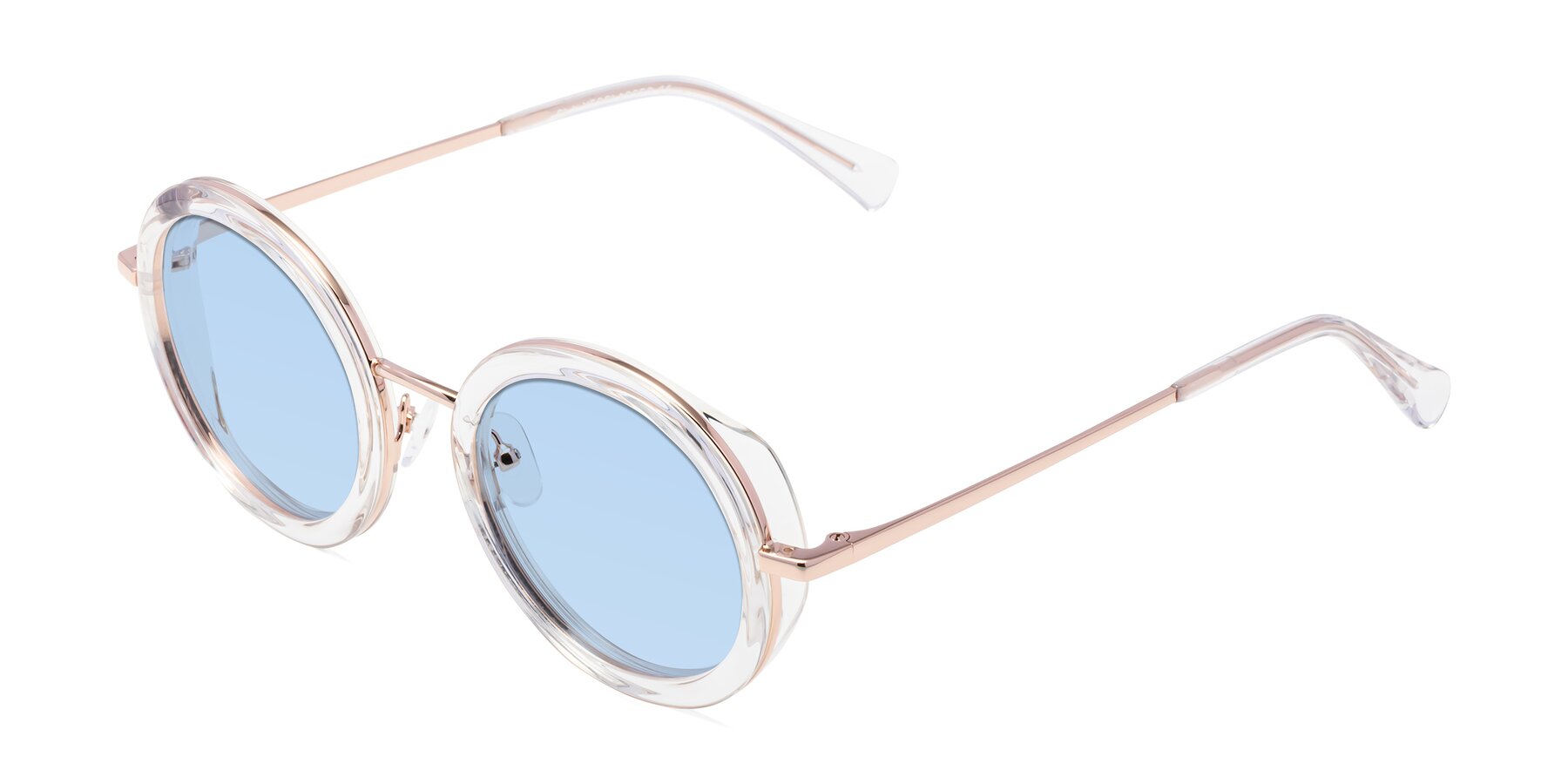 Angle of Club in Clear-Rose Gold with Light Blue Tinted Lenses