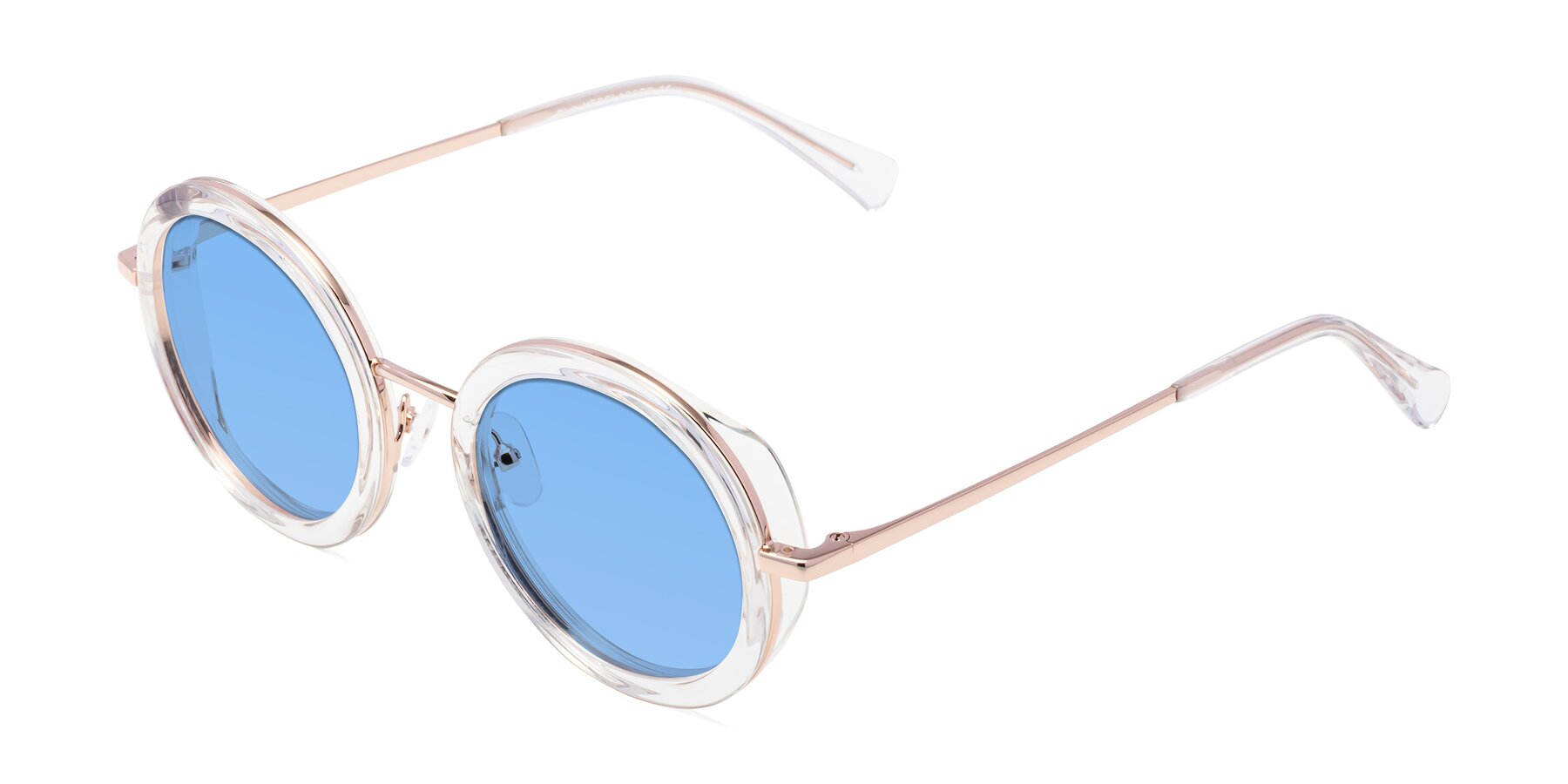 Angle of Club in Clear-Rose Gold with Medium Blue Tinted Lenses