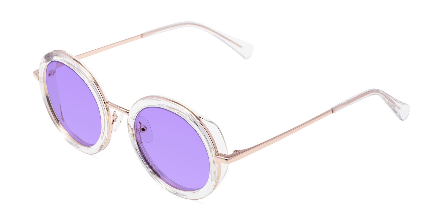 Angle of Club in Clear-Rose Gold with Medium Purple Tinted Lenses