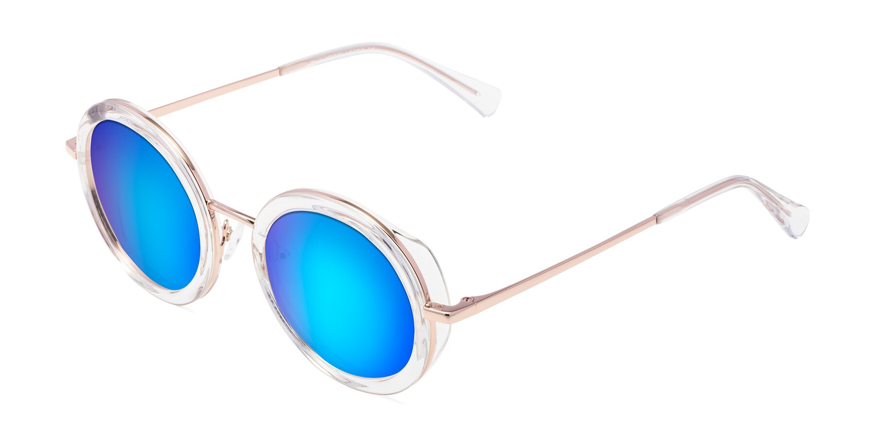 Angle of Club in Clear-Rose Gold with Blue Mirrored Lenses