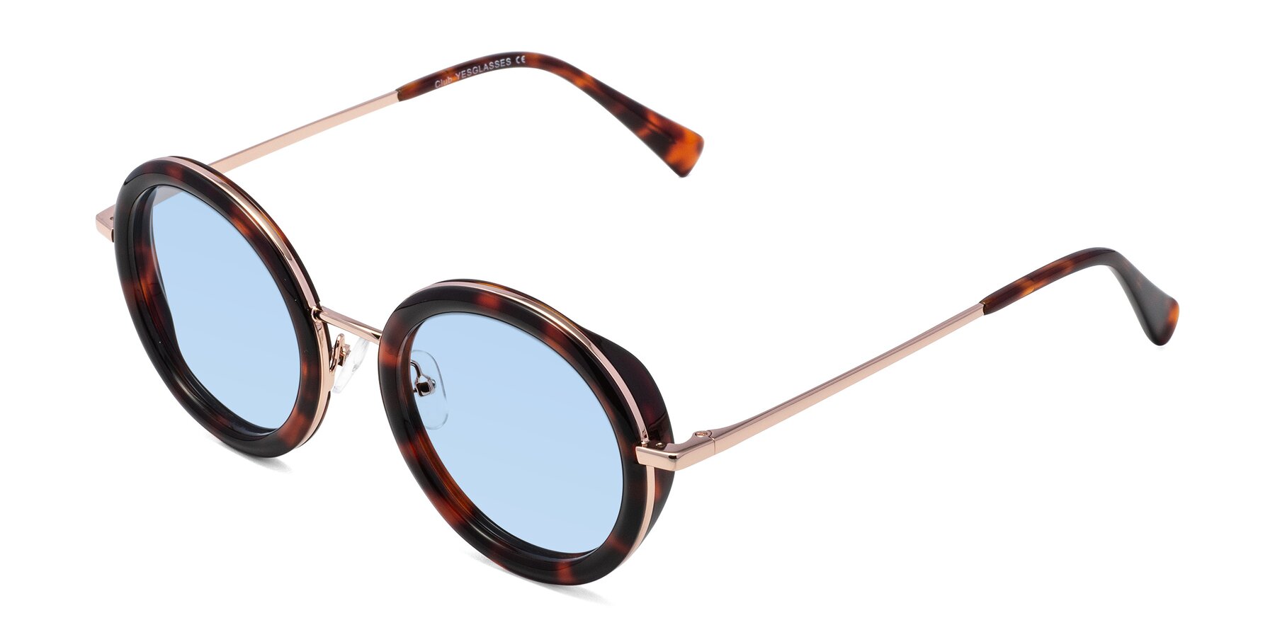 Angle of Club in Tortoise-Rose Gold with Light Blue Tinted Lenses