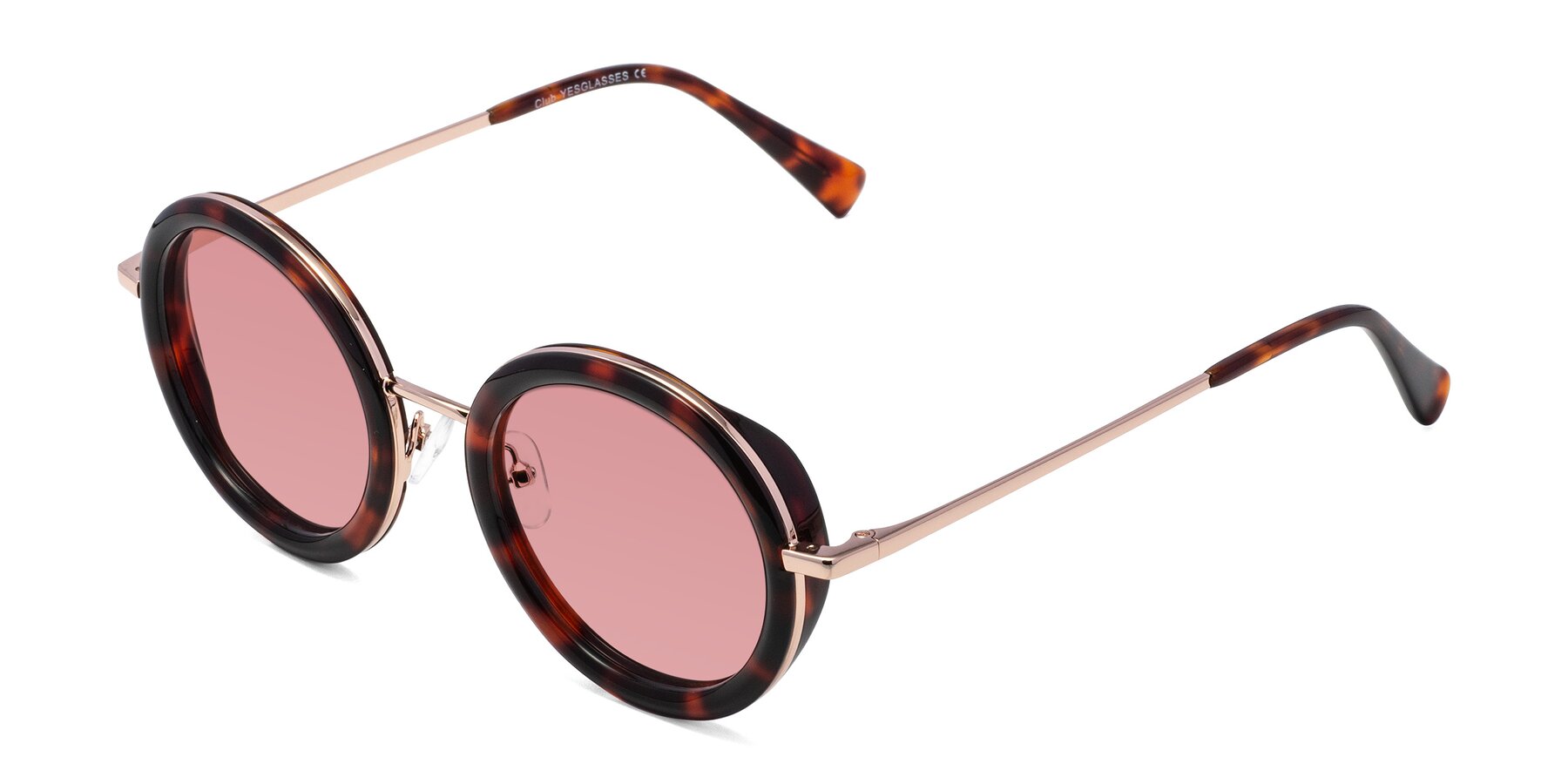 Angle of Club in Tortoise-Rose Gold with Medium Garnet Tinted Lenses