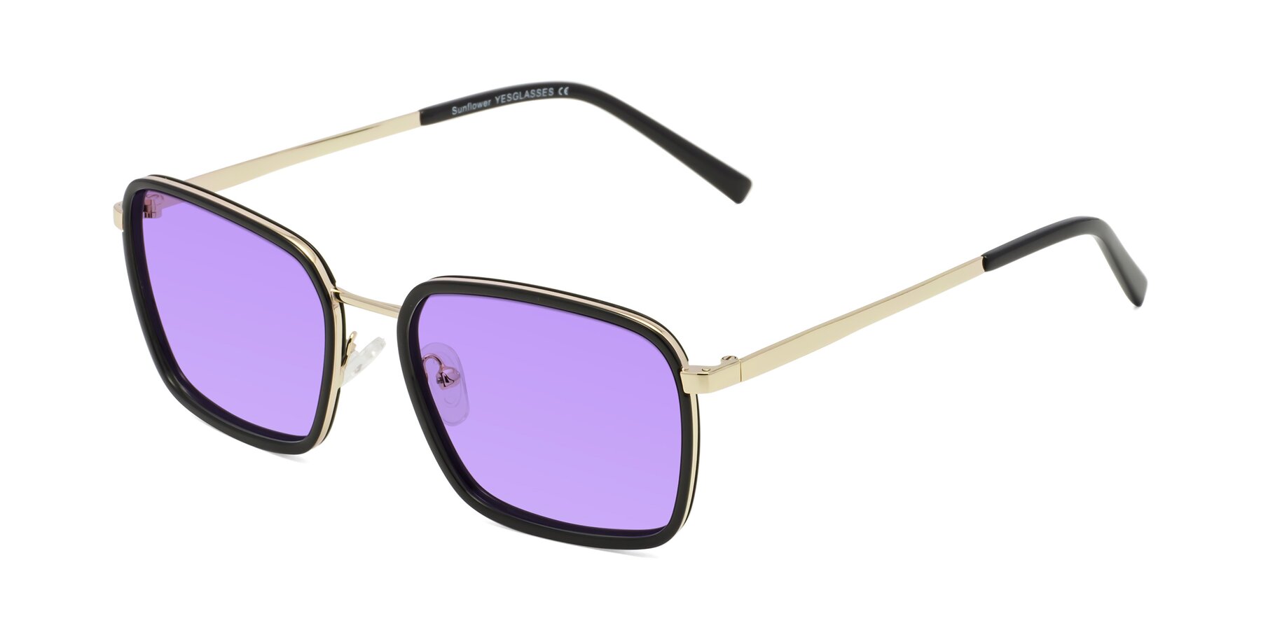 Angle of Sunflower in Black-Gold with Medium Purple Tinted Lenses