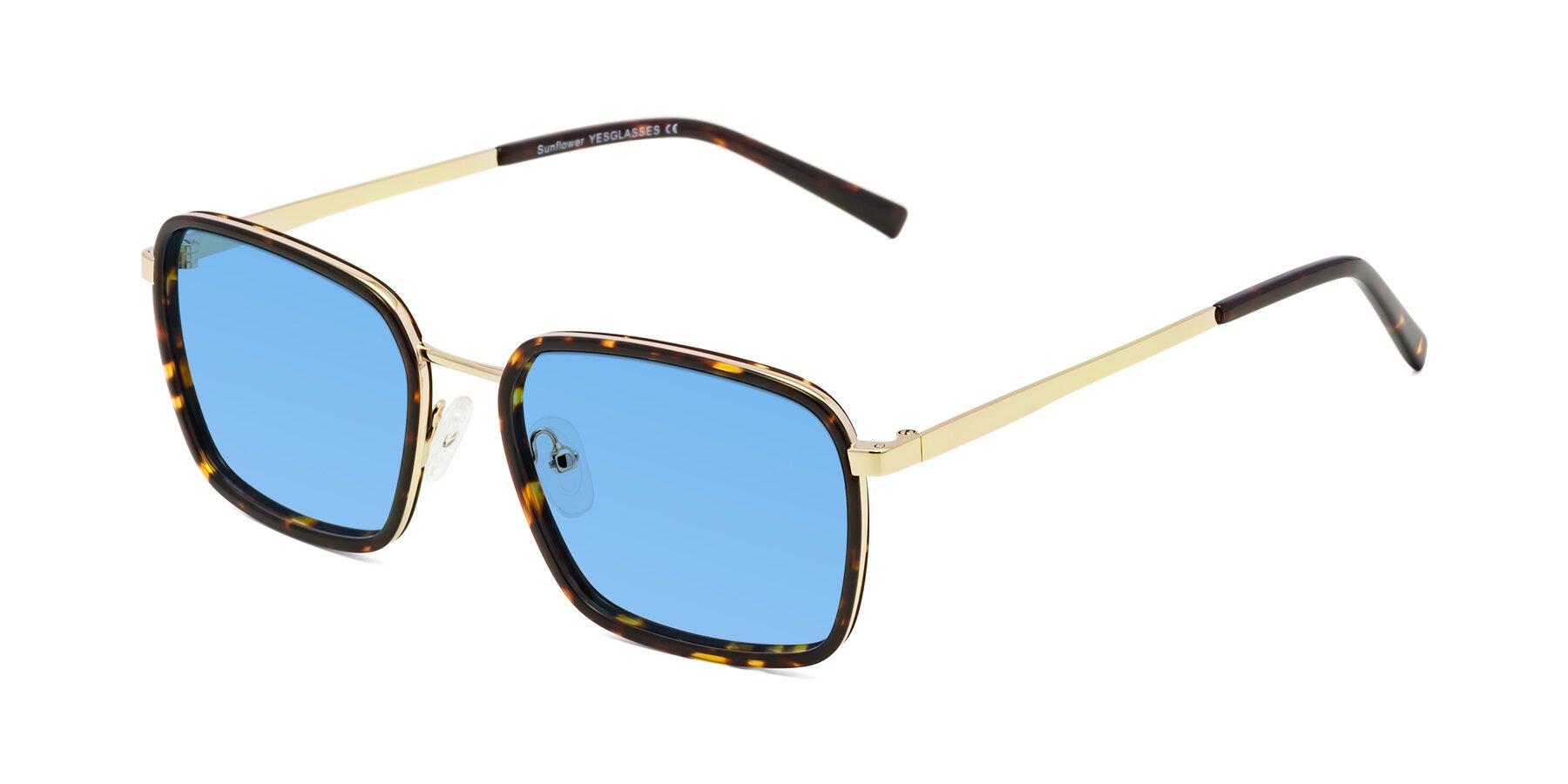 Angle of Sunflower in Tortoise-Gold with Medium Blue Tinted Lenses