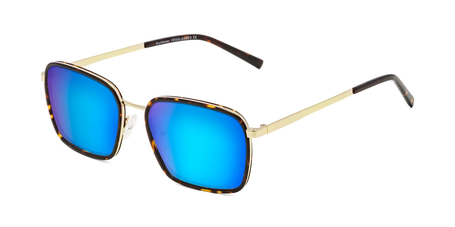 Angle of Sunflower in Tortoise-Gold with Blue Mirrored Lenses