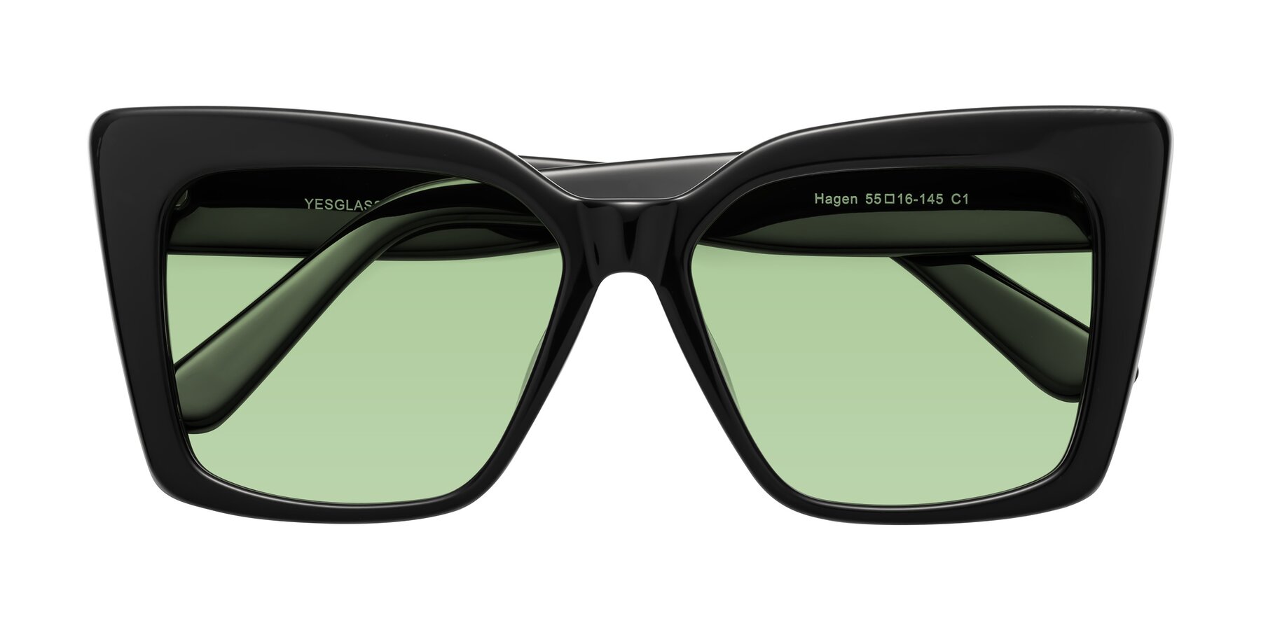 Folded Front of Hagen in Black with Medium Green Tinted Lenses