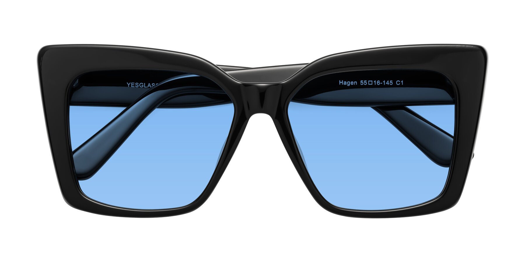Folded Front of Hagen in Black with Medium Blue Tinted Lenses