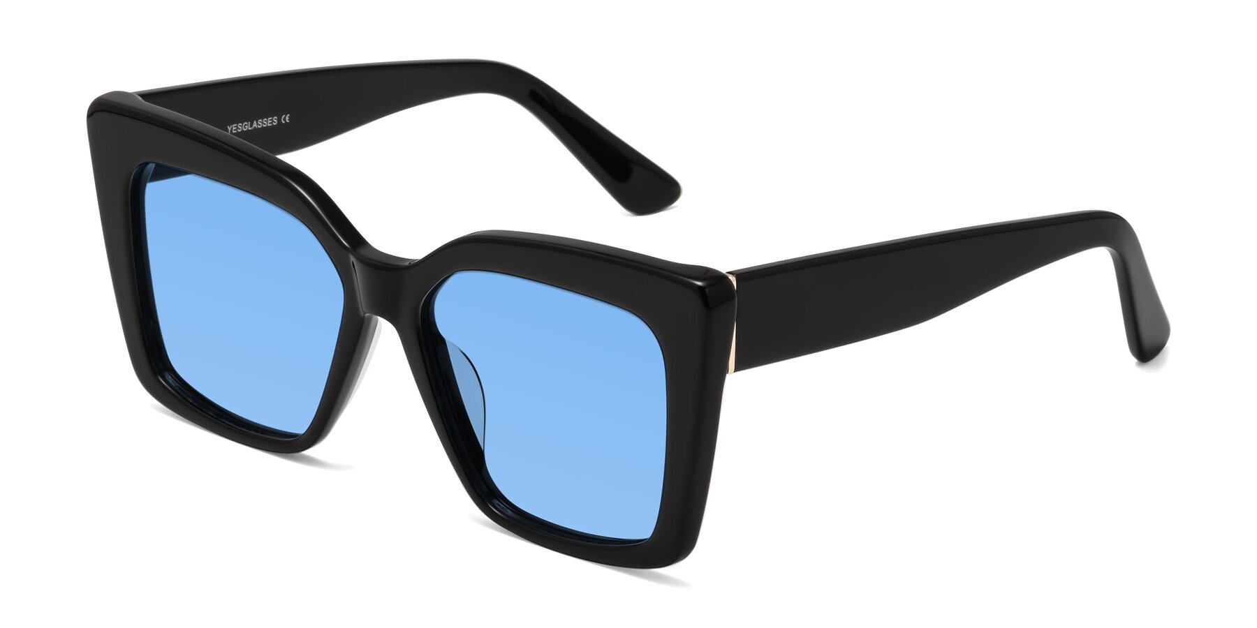 Angle of Hagen in Black with Medium Blue Tinted Lenses