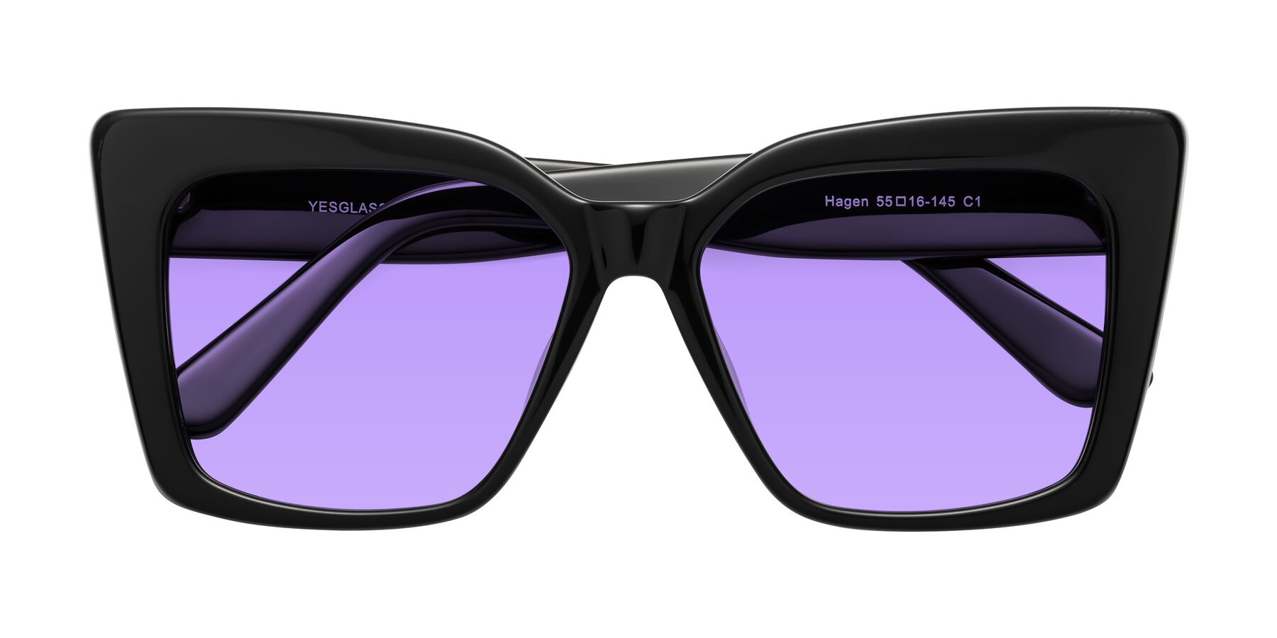 Folded Front of Hagen in Black with Medium Purple Tinted Lenses