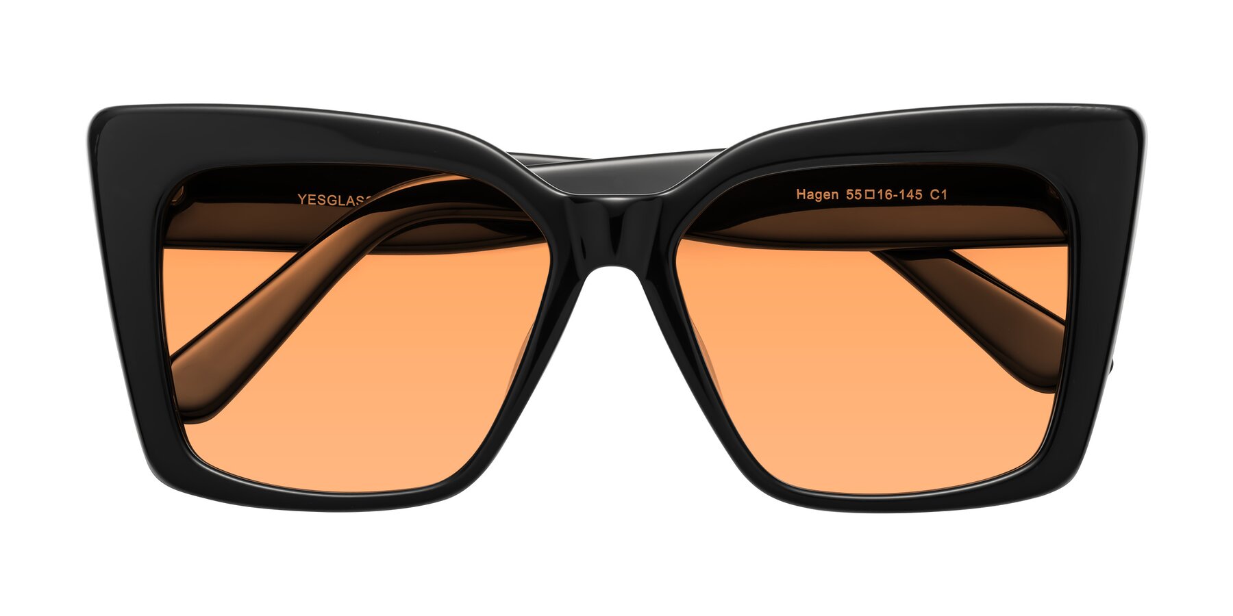 Folded Front of Hagen in Black with Medium Orange Tinted Lenses