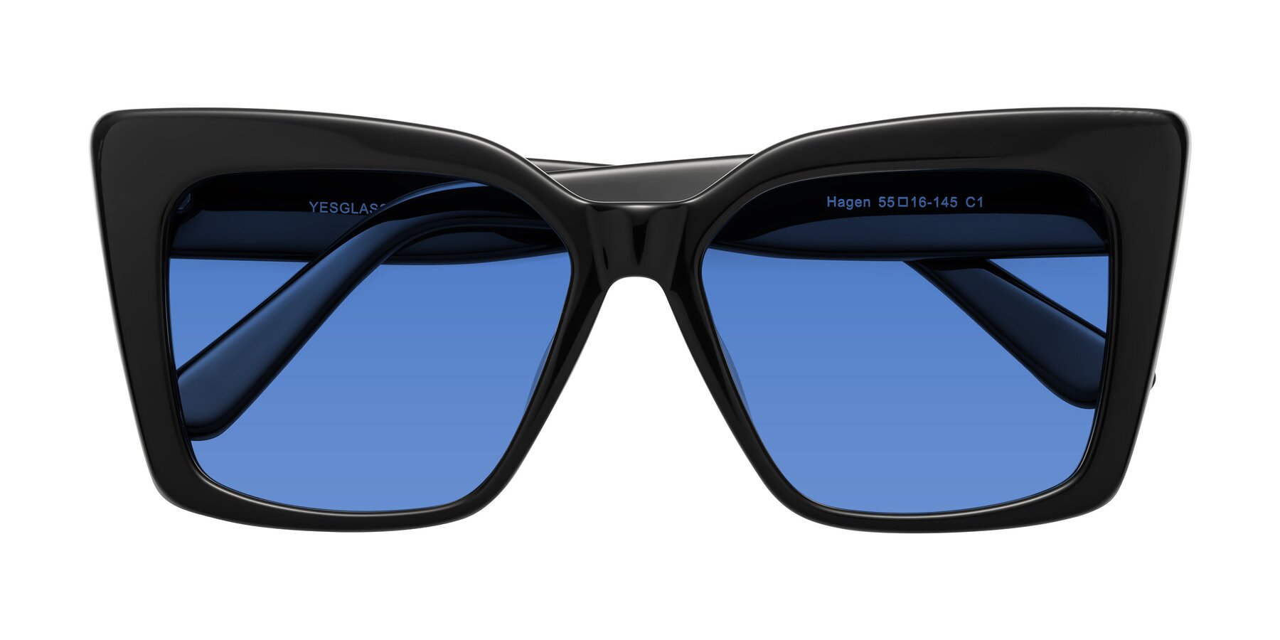 Folded Front of Hagen in Black with Blue Tinted Lenses