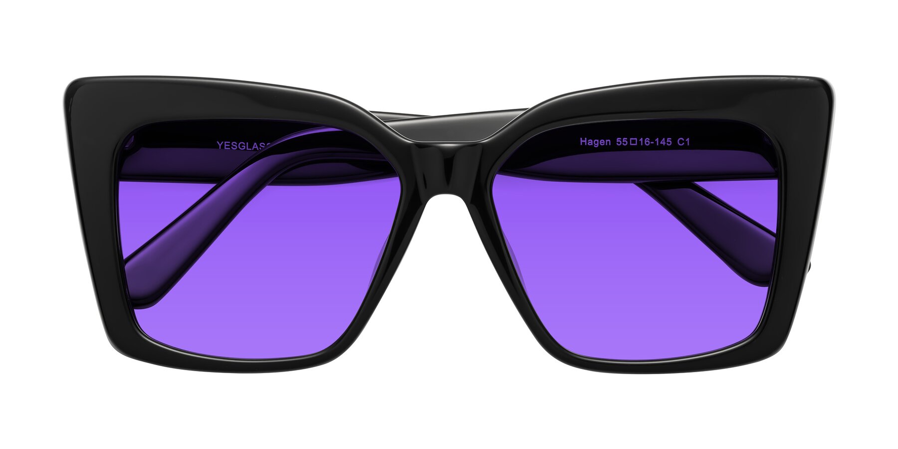 Folded Front of Hagen in Black with Purple Tinted Lenses