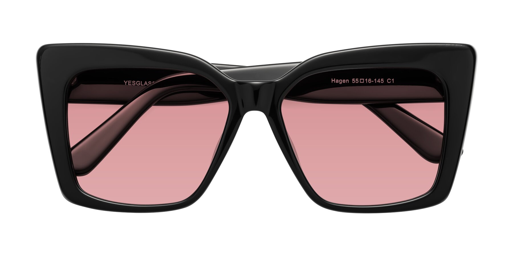 Folded Front of Hagen in Black with Medium Garnet Tinted Lenses