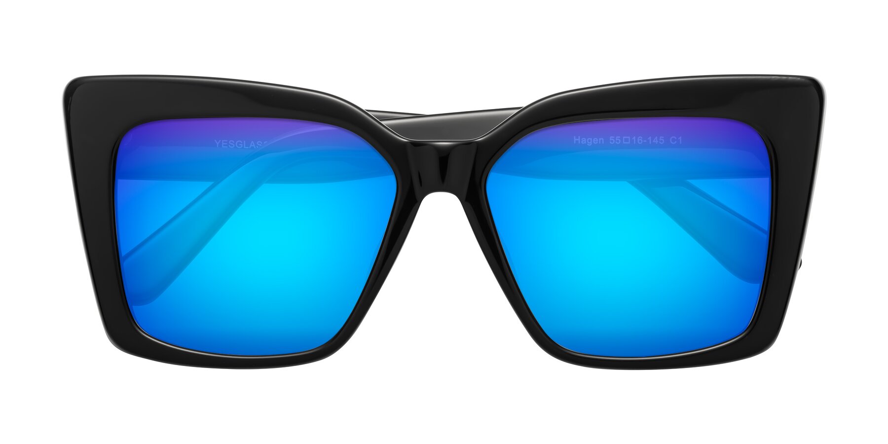 Folded Front of Hagen in Black with Blue Mirrored Lenses