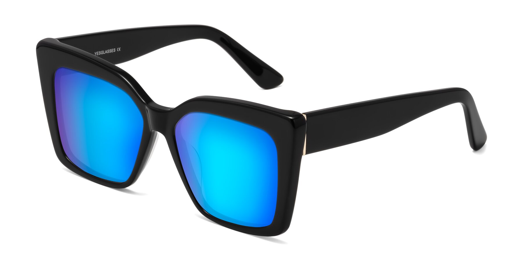 Angle of Hagen in Black with Blue Mirrored Lenses