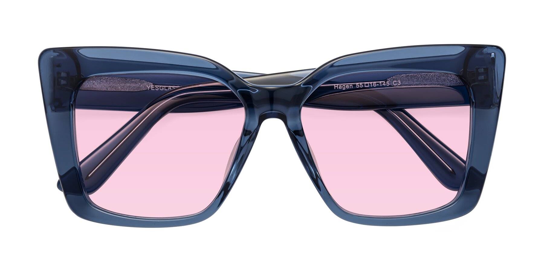 Folded Front of Hagen in Translucent Blue with Light Pink Tinted Lenses
