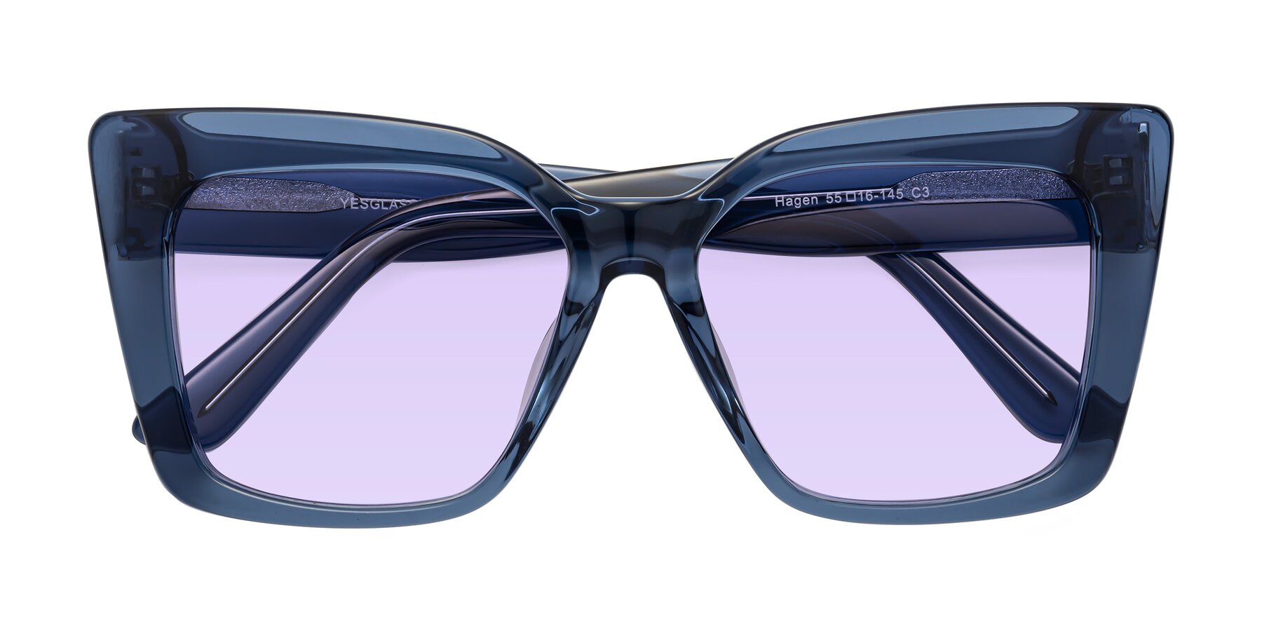 Folded Front of Hagen in Translucent Blue with Light Purple Tinted Lenses