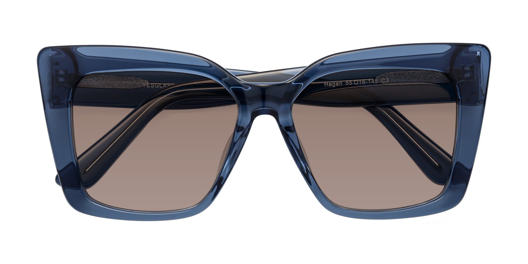 Folded Front of Hagen in Translucent Blue with Medium Brown Tinted Lenses