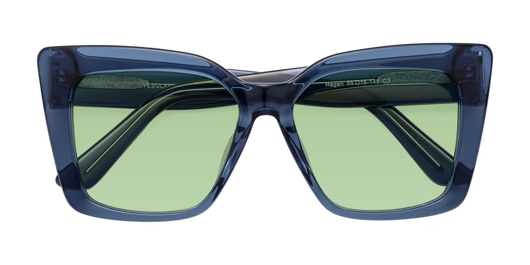 Folded Front of Hagen in Translucent Blue with Medium Green Tinted Lenses