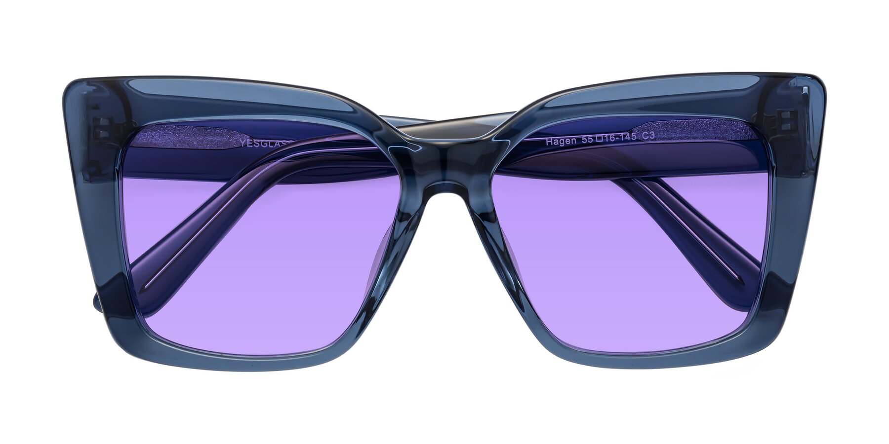 Folded Front of Hagen in Translucent Blue with Medium Purple Tinted Lenses
