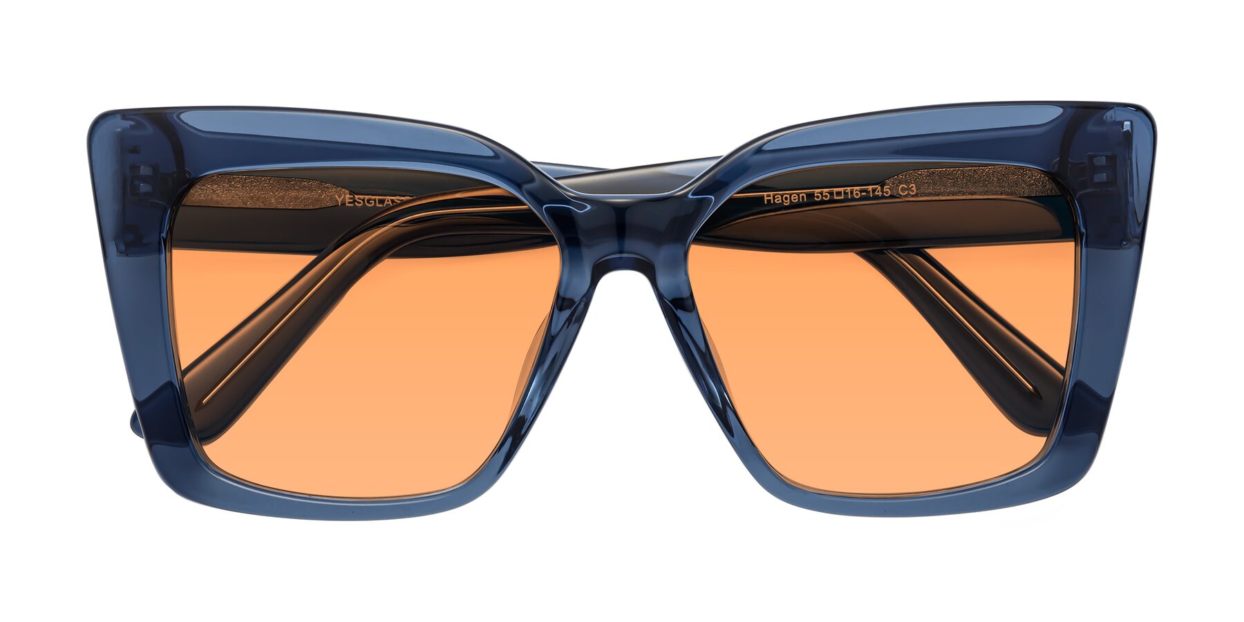 Folded Front of Hagen in Translucent Blue with Medium Orange Tinted Lenses