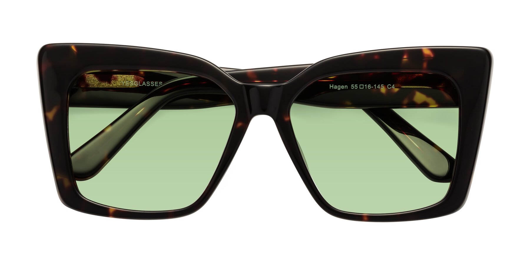 Folded Front of Hagen in Tortoise with Medium Green Tinted Lenses