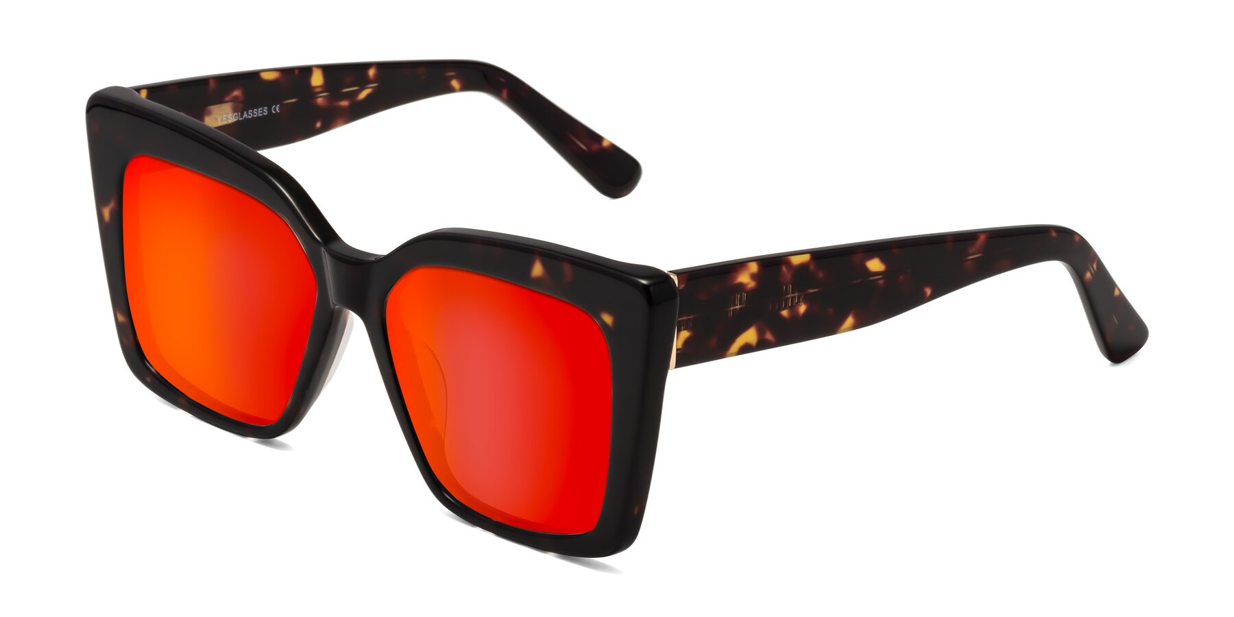 Angle of Hagen in Tortoise with Red Gold Mirrored Lenses