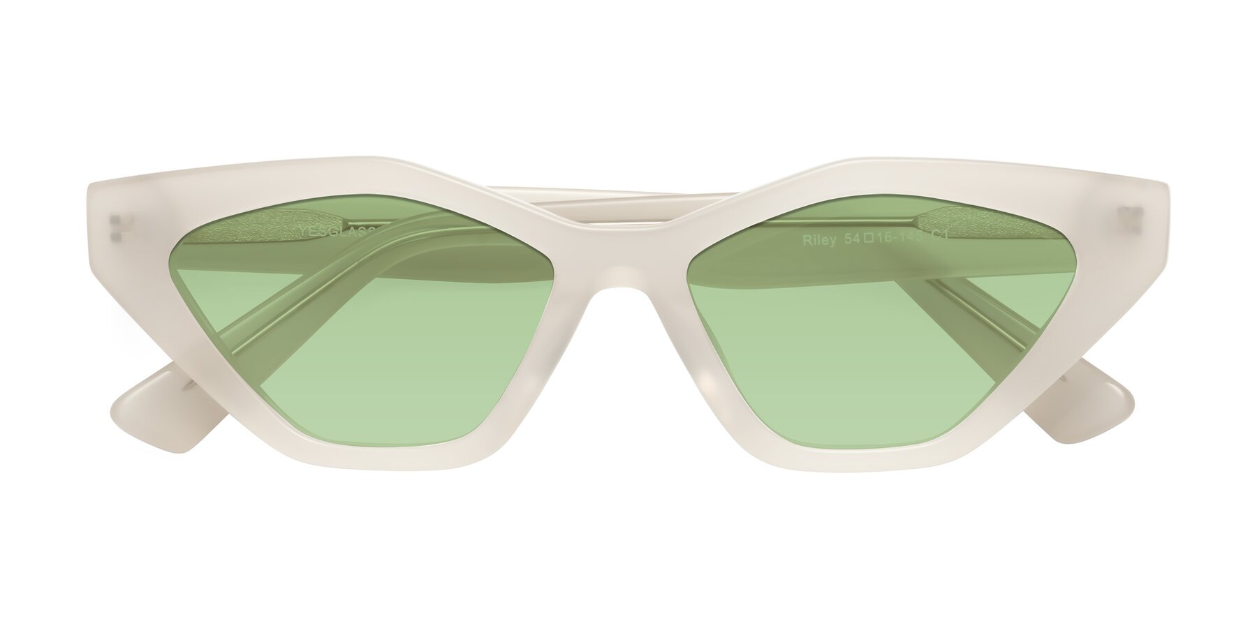 Folded Front of Riley in Beige with Medium Green Tinted Lenses