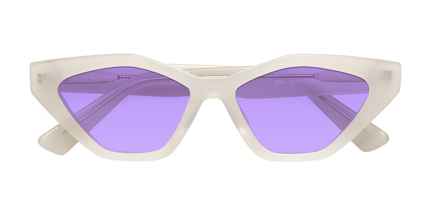 Folded Front of Riley in Beige with Medium Purple Tinted Lenses