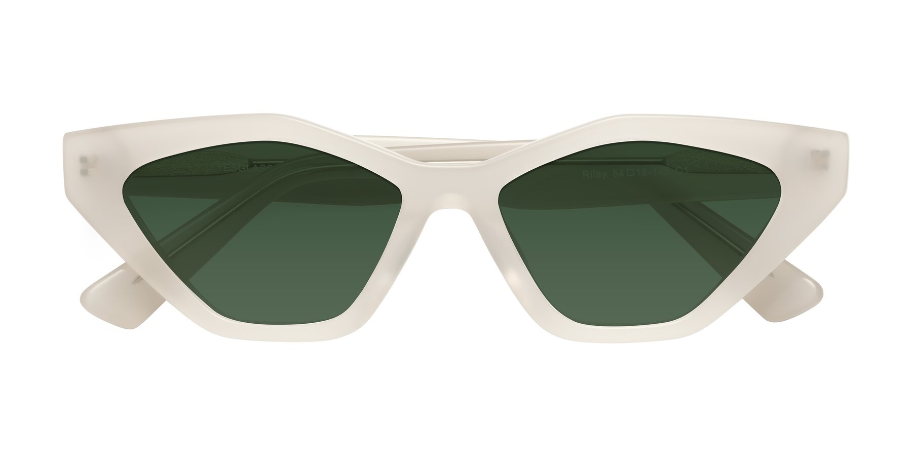 Folded Front of Riley in Beige with Green Tinted Lenses