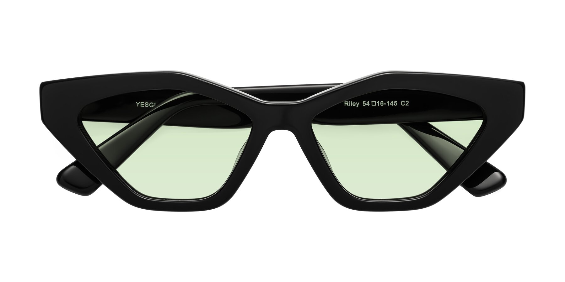 Folded Front of Riley in Black with Light Green Tinted Lenses