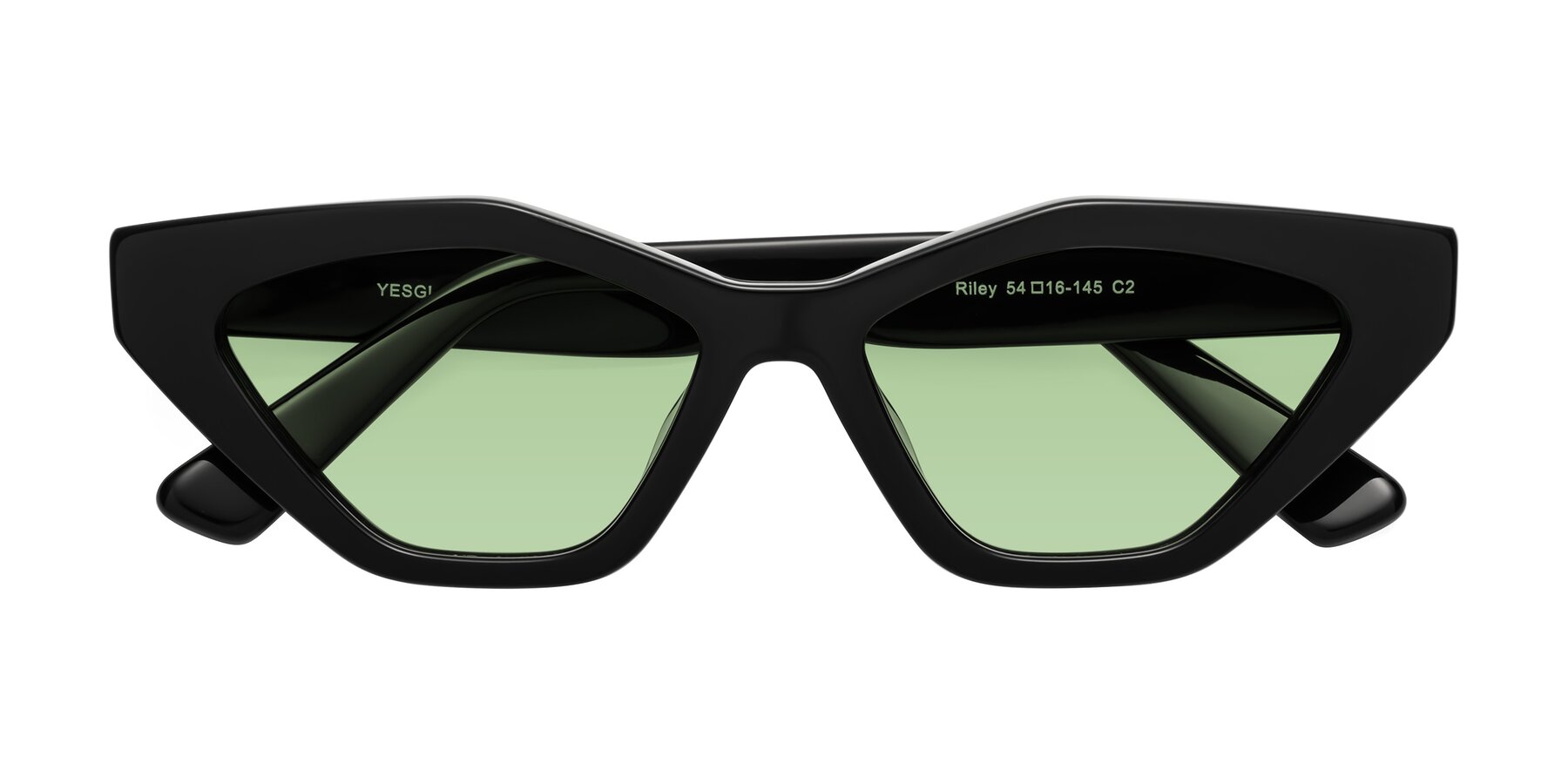 Folded Front of Riley in Black with Medium Green Tinted Lenses