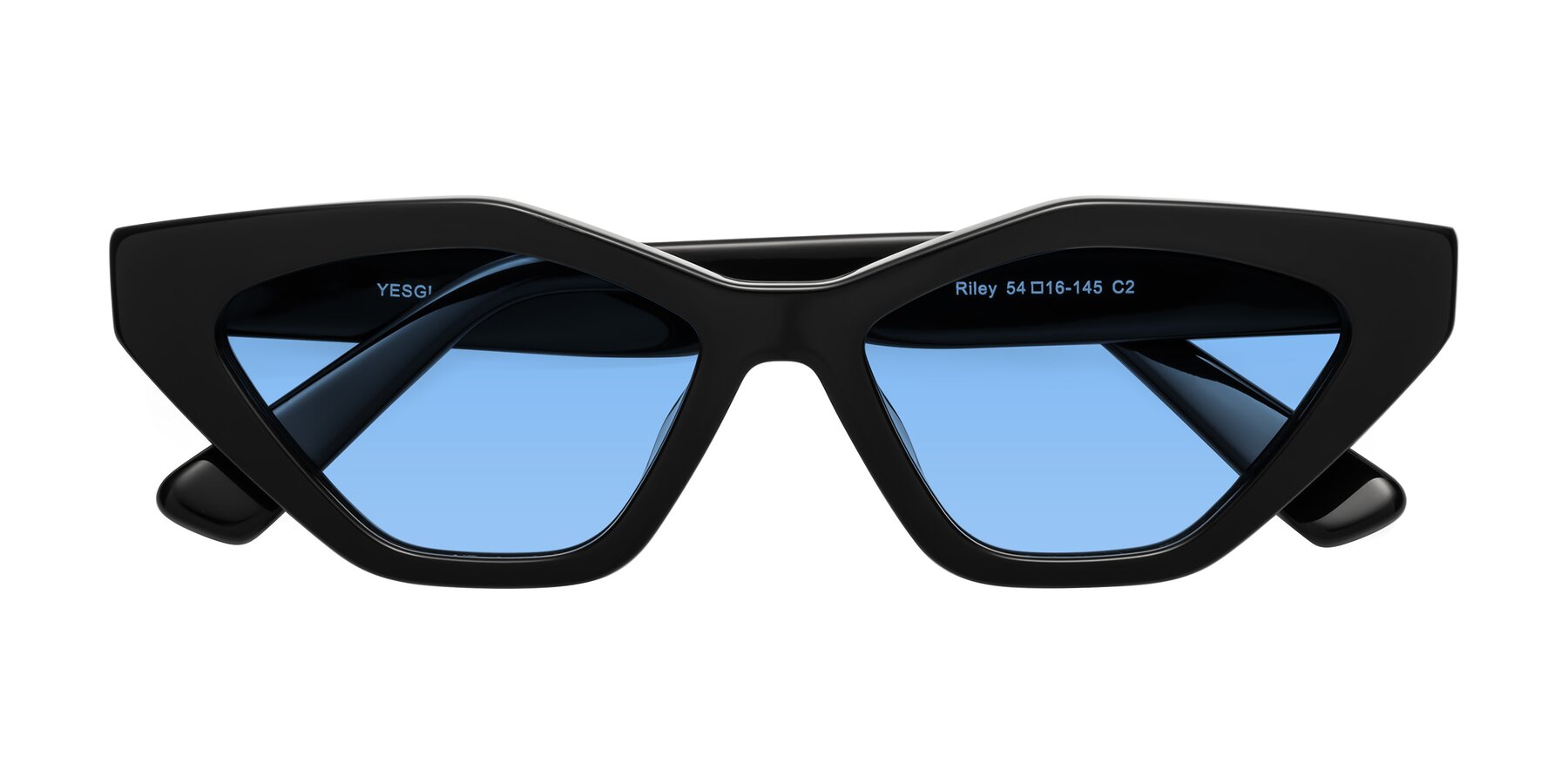 Folded Front of Riley in Black with Medium Blue Tinted Lenses