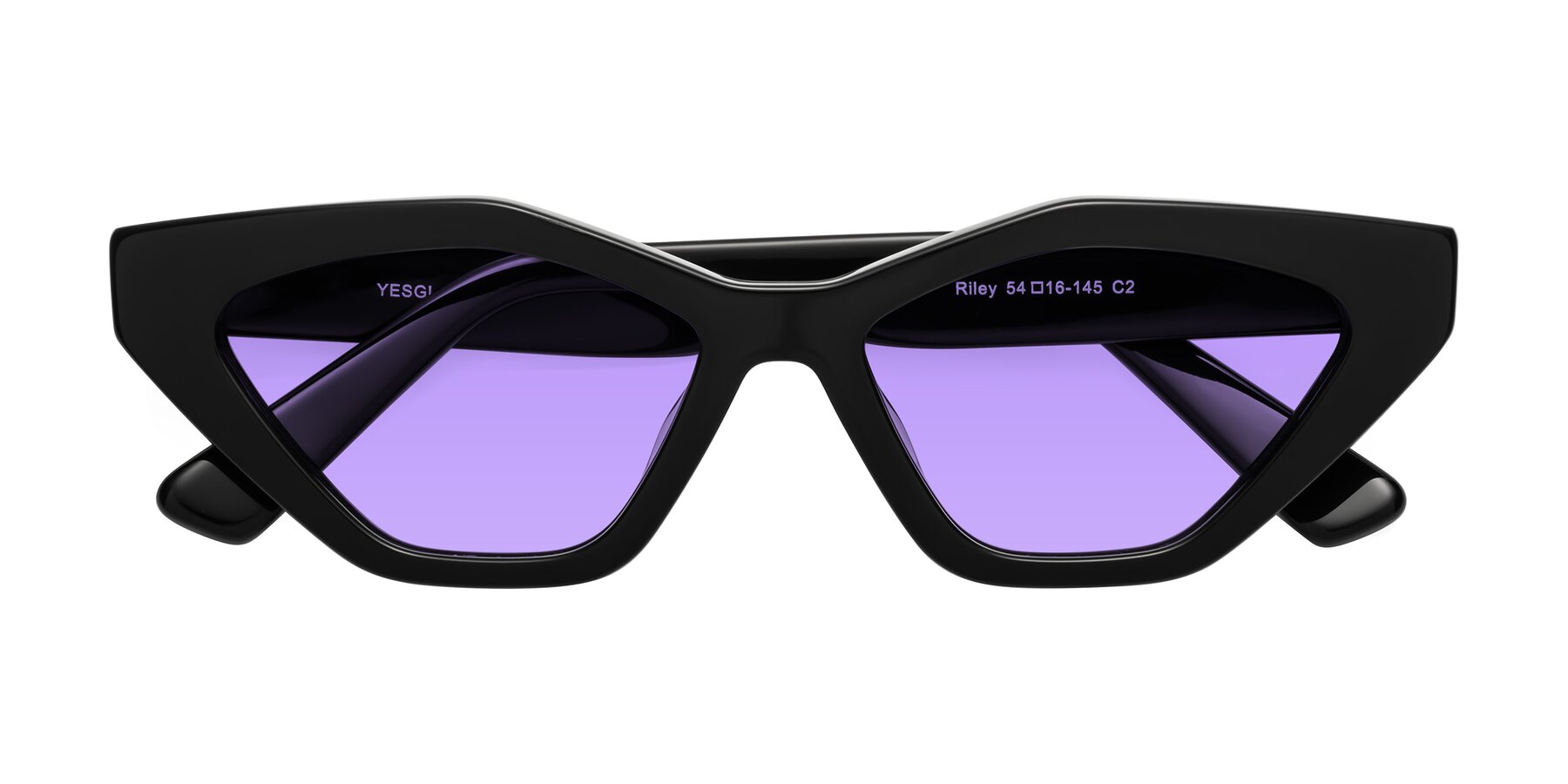 Folded Front of Riley in Black with Medium Purple Tinted Lenses