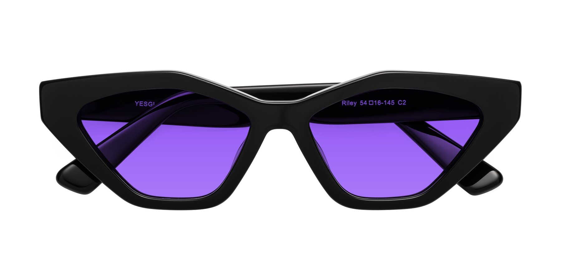 Folded Front of Riley in Black with Purple Tinted Lenses