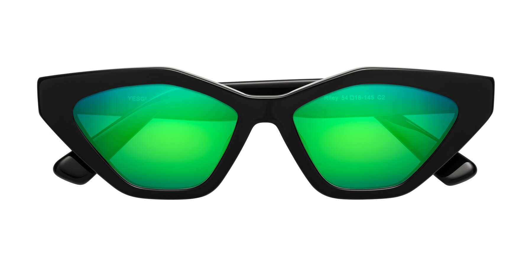 Folded Front of Riley in Black with Green Mirrored Lenses