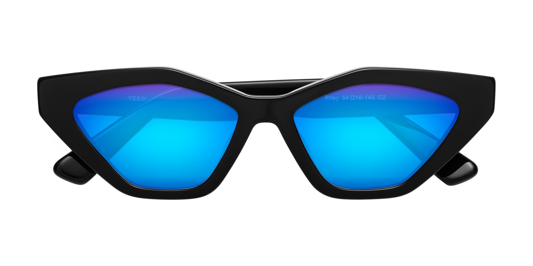 Folded Front of Riley in Black with Blue Mirrored Lenses