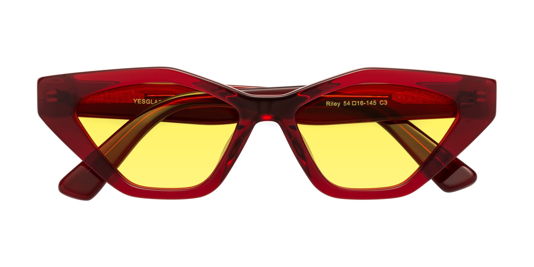 Folded Front of Riley in Wine with Medium Yellow Tinted Lenses
