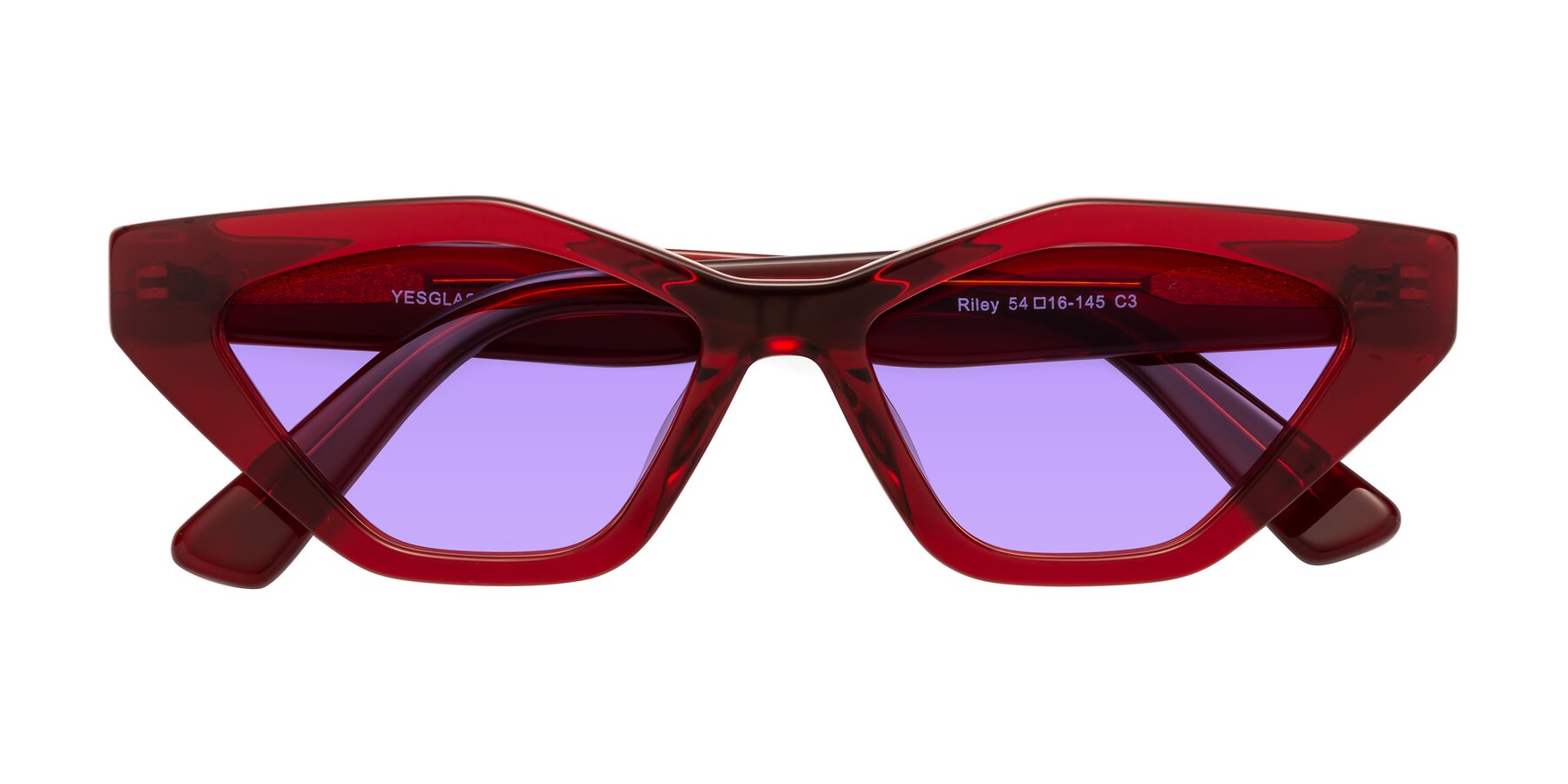 Folded Front of Riley in Wine with Medium Purple Tinted Lenses