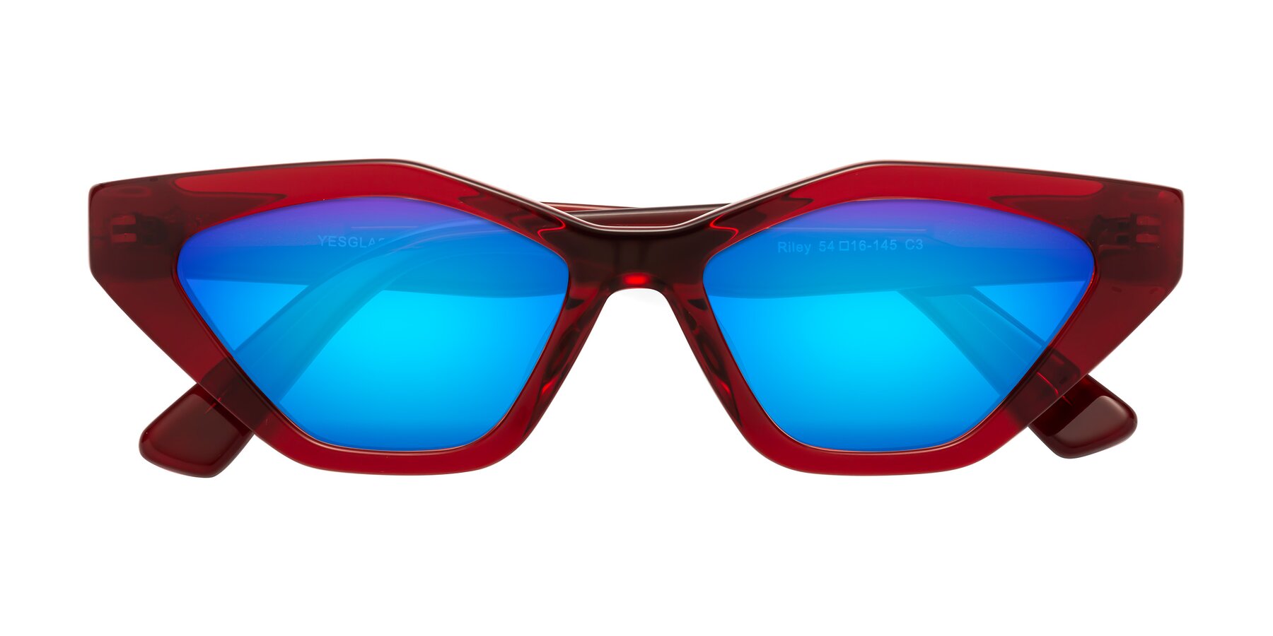 Folded Front of Riley in Wine with Blue Mirrored Lenses