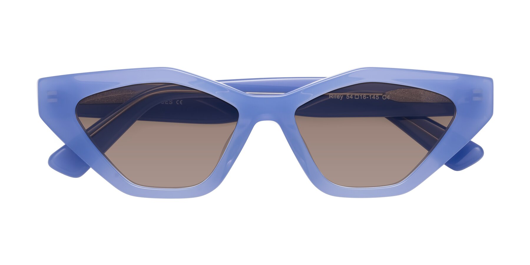 Folded Front of Riley in Sky Blue with Medium Brown Tinted Lenses