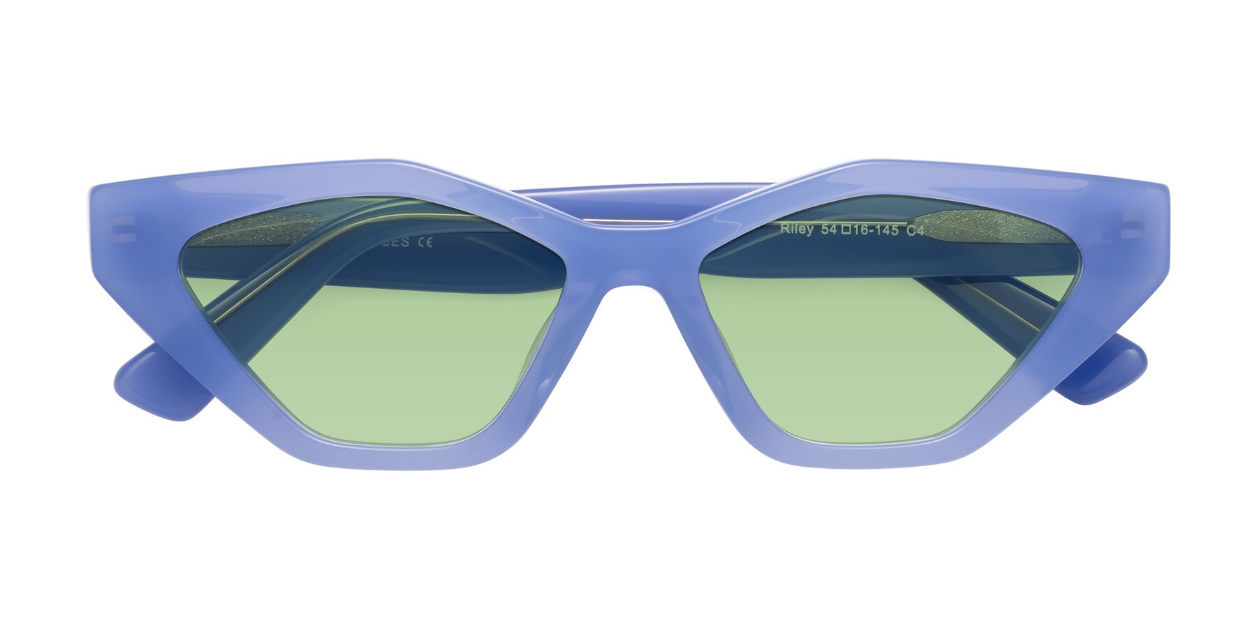 Folded Front of Riley in Sky Blue with Medium Green Tinted Lenses