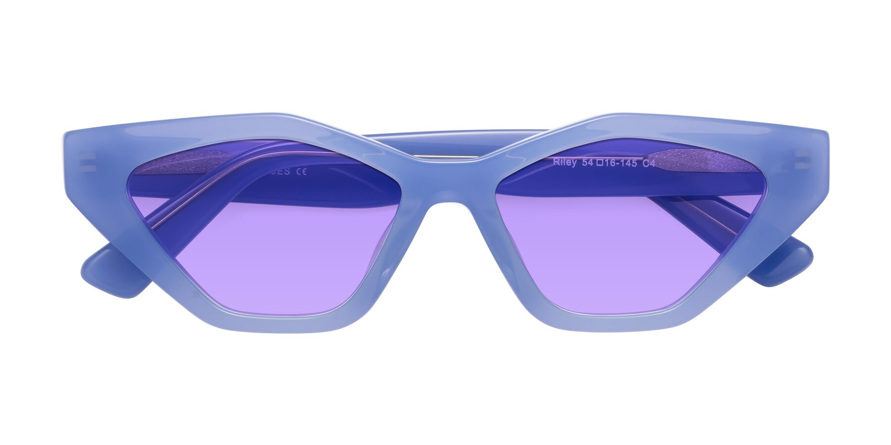 Folded Front of Riley in Sky Blue with Medium Purple Tinted Lenses