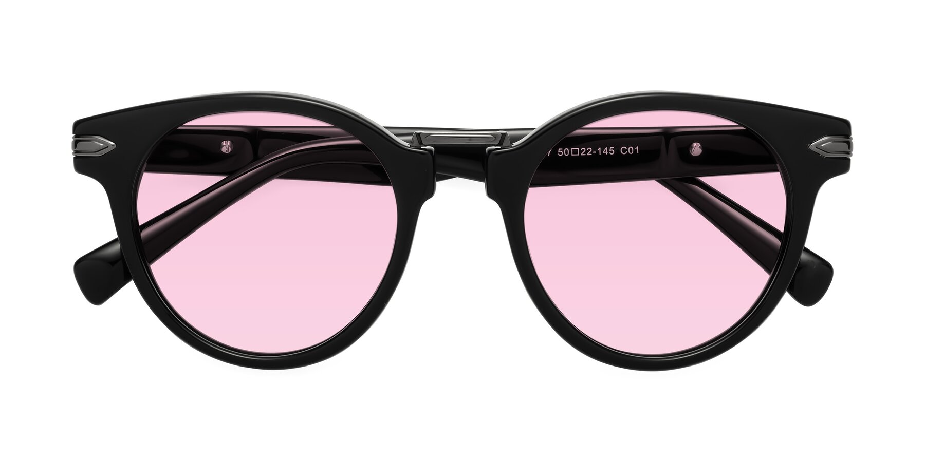 Folded Front of Alfonso in Black with Light Pink Tinted Lenses