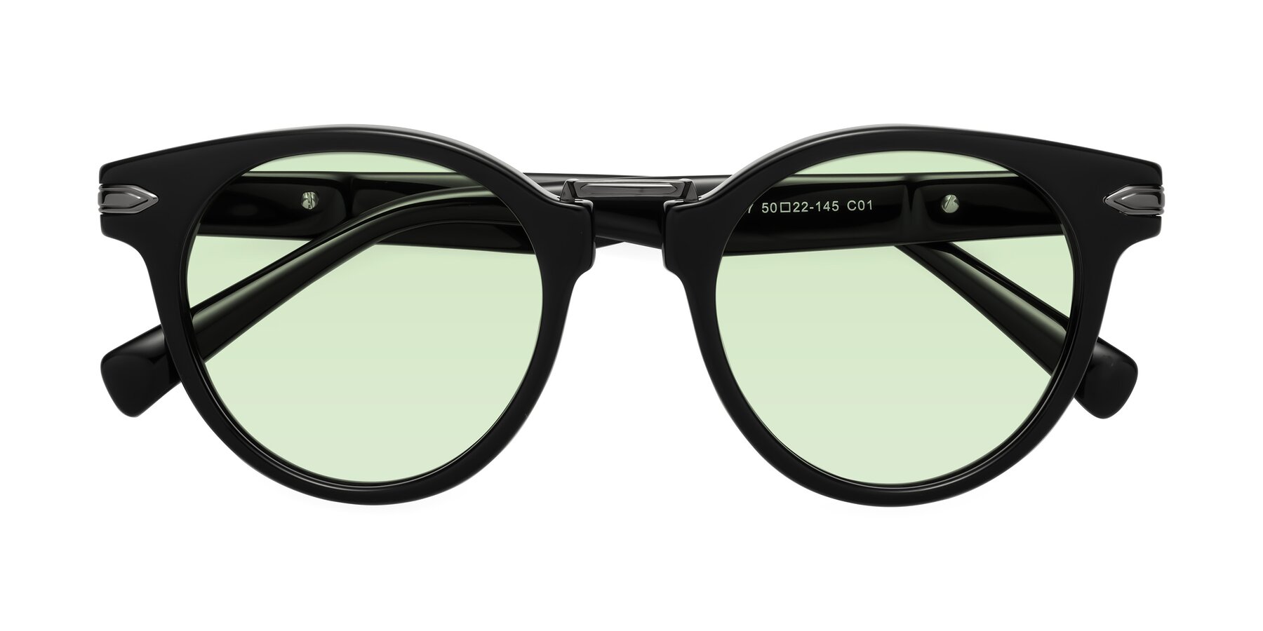 Folded Front of Alfonso in Black with Light Green Tinted Lenses